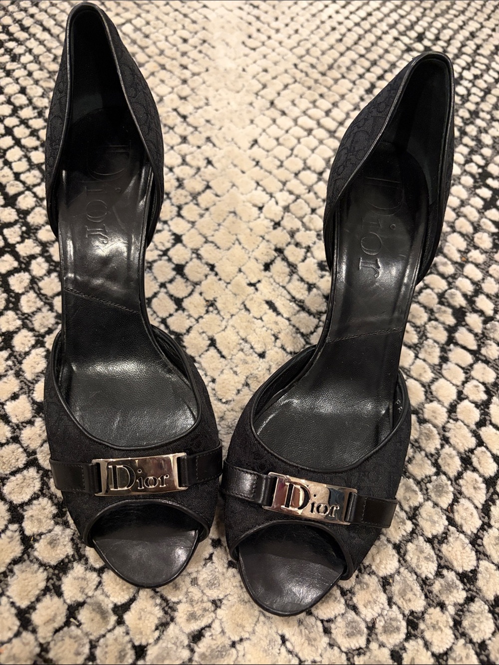 Size 38 1/2 Dior Black Open-Toe Logo Accent Pumps